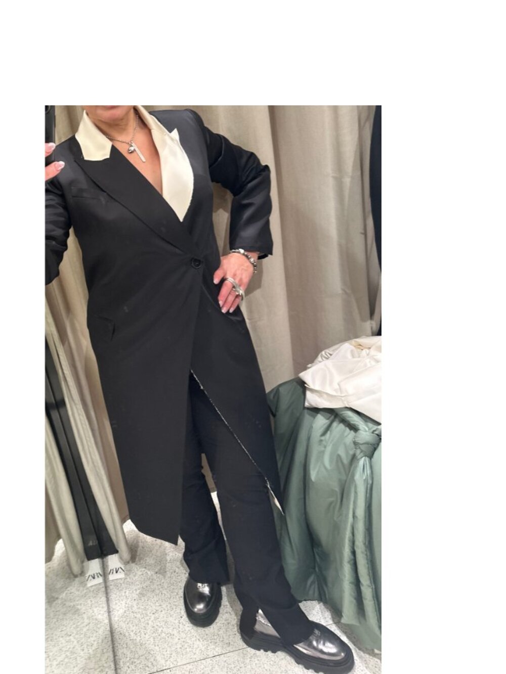Zara Blazer - long black satin with ivory asymmetrical collar - Picture 2 of 7